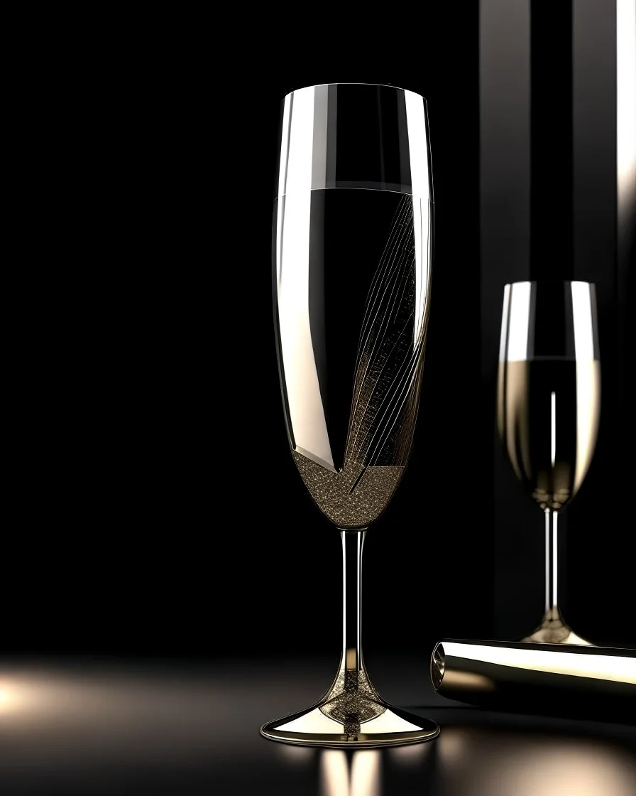 A sparkling glass of champagne, captured in a sleek and modern graphic design with metallic accents.