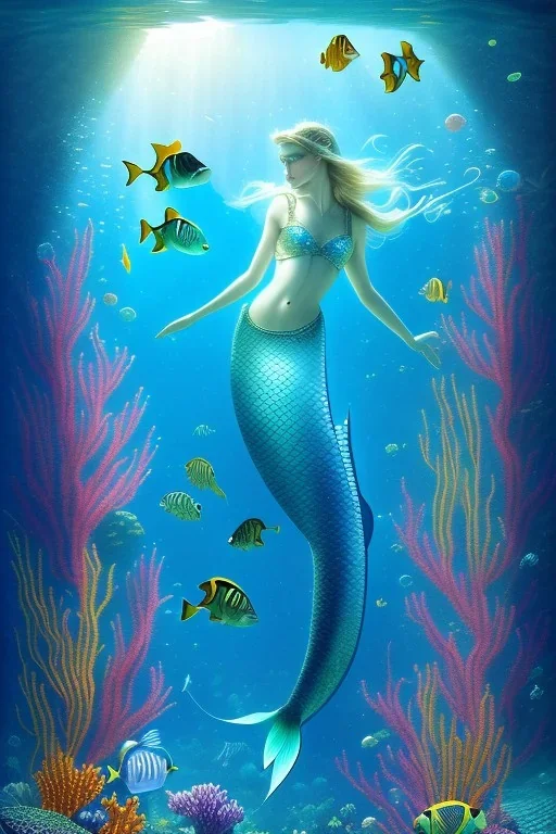 underwater, a mermaid, beautiful colors, fish, very fine detail, high quality, mystical, intricate, Neo-Impressionism, soft lighting, dream like,