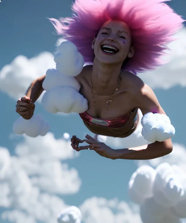 Ultra realistic speed clouds sky scene, wide angle view, sweet childs falling down, inflatable color clothing, free jumping flying, many trinkets, monster hair, hair monster, many jelly beans, balls, smile, happy, circus style, extreme, wind, clouds sea, 20,000 feet altitude, stratosphere, soft color, highly detailed, unreal engine 5, ray tracing, RTX, lumen lighting, ultra detail, volumetric lighting, 3d, finely drawn, high definition, high resolution.