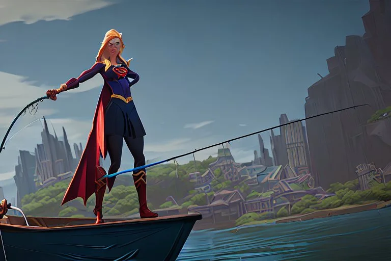 Supergirl fishing with net on a boat.