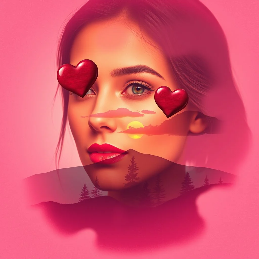 Double Exposure Of A Beautiful Woman (Face) With Mini Maroon Whirling Hearts With Cloudy Sunset And Small Pine Trees On Mountains in a Grunge Pink And Red Background.