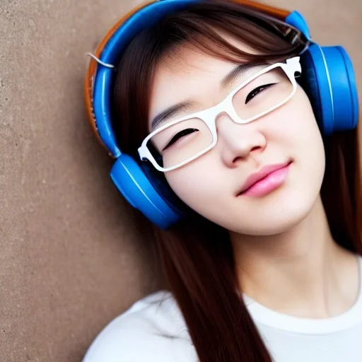 Portrait of a beautiful Korean girl with brown hair and round glasses wearing white headphones with her hand under her chin ، high details, high quality ,gamer game