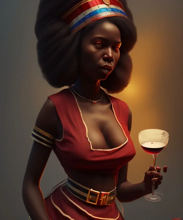 Negra Francisca, beautiful, curvy body, African slave, simple red fabric dress, long black hair, red headband, head and shoulders portrait, holding glass of wine, 8k resolution concept art portrait by Greg Rutkowski, Unreal Engine 5 volumetric lighting