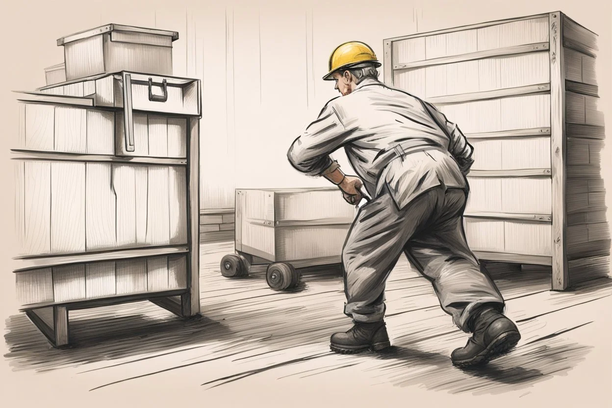a swedish industry worker from sweden, very strong pushing a wooden crateand IBC along the floor in a factory, very basic sketch painting like the image i uploaded