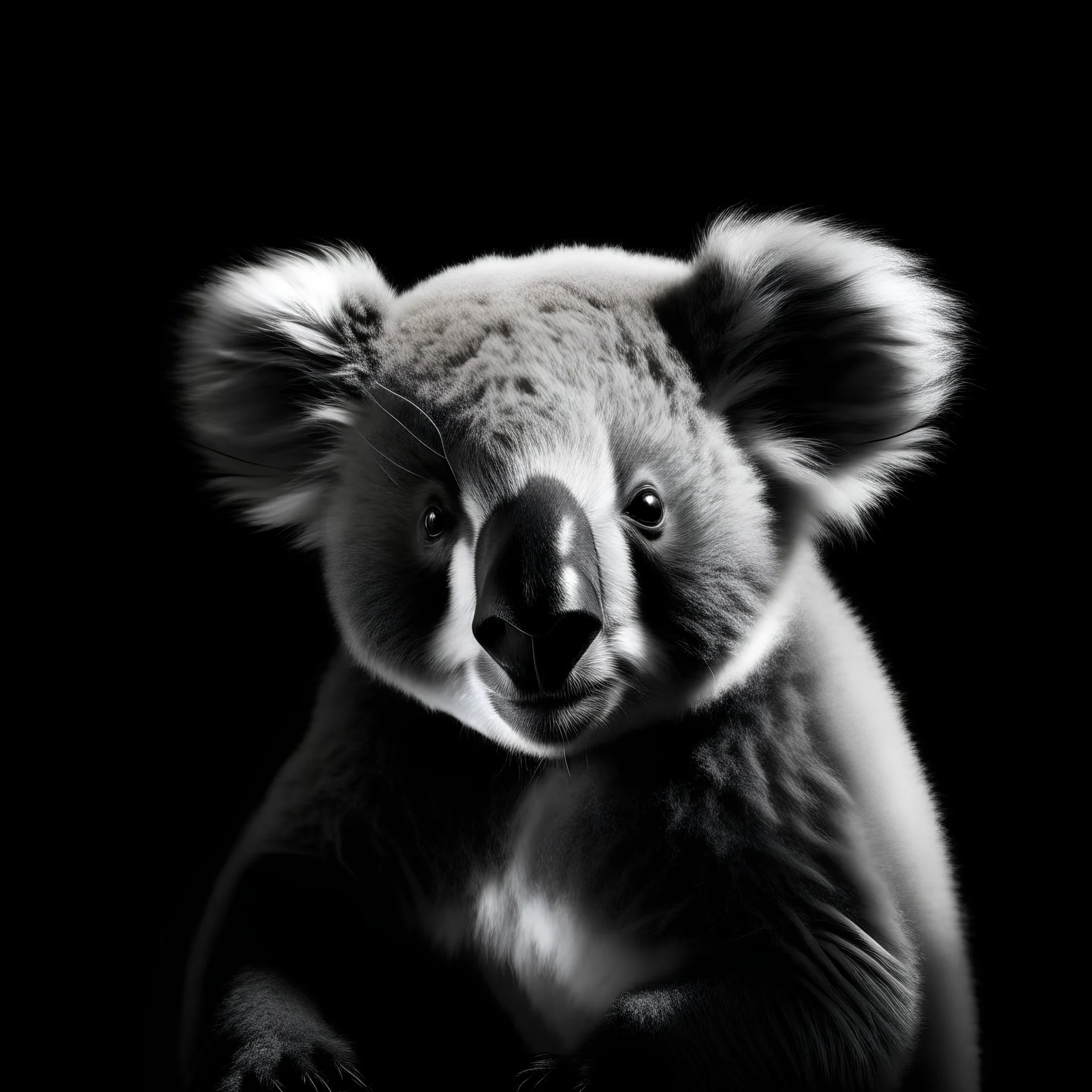 black and white photos with a black background with animals, koala