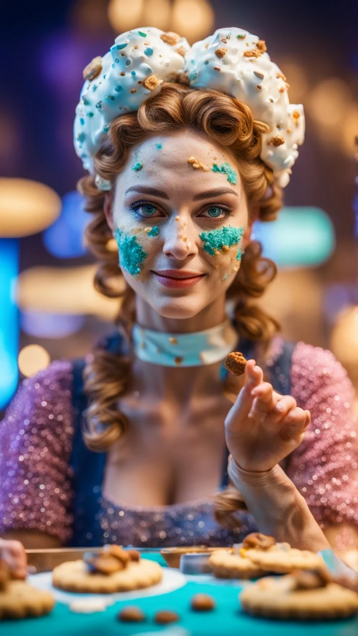 portrait of cute woman with cookie and gel mask , baker of the highest many storied advanced art cake sculpture during a casino game show, bokeh like f/0.8, tilt-shift lens 8k, high detail, smooth render, down-light, unreal engine, prize winning