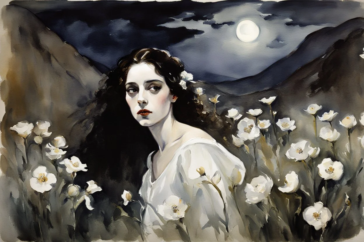 Night, one woman, white flowers, mountains, gothic horror films influence, john singer sargent watercolor paintings