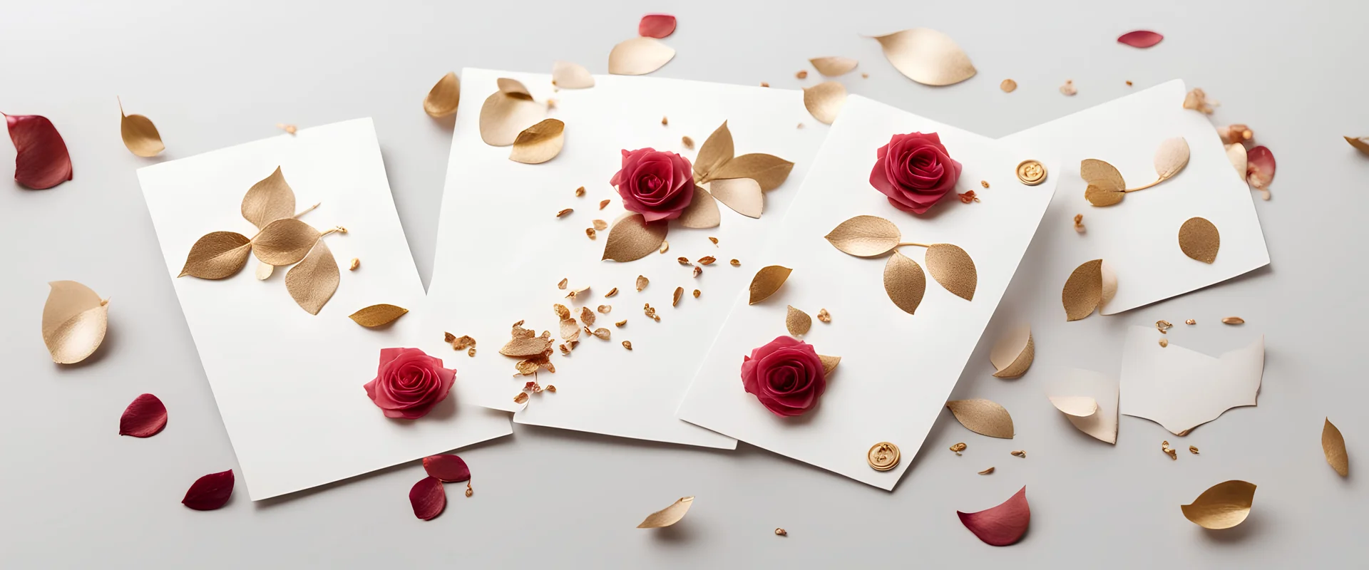 photo of five white postcards on a white background image with rose and gold petals