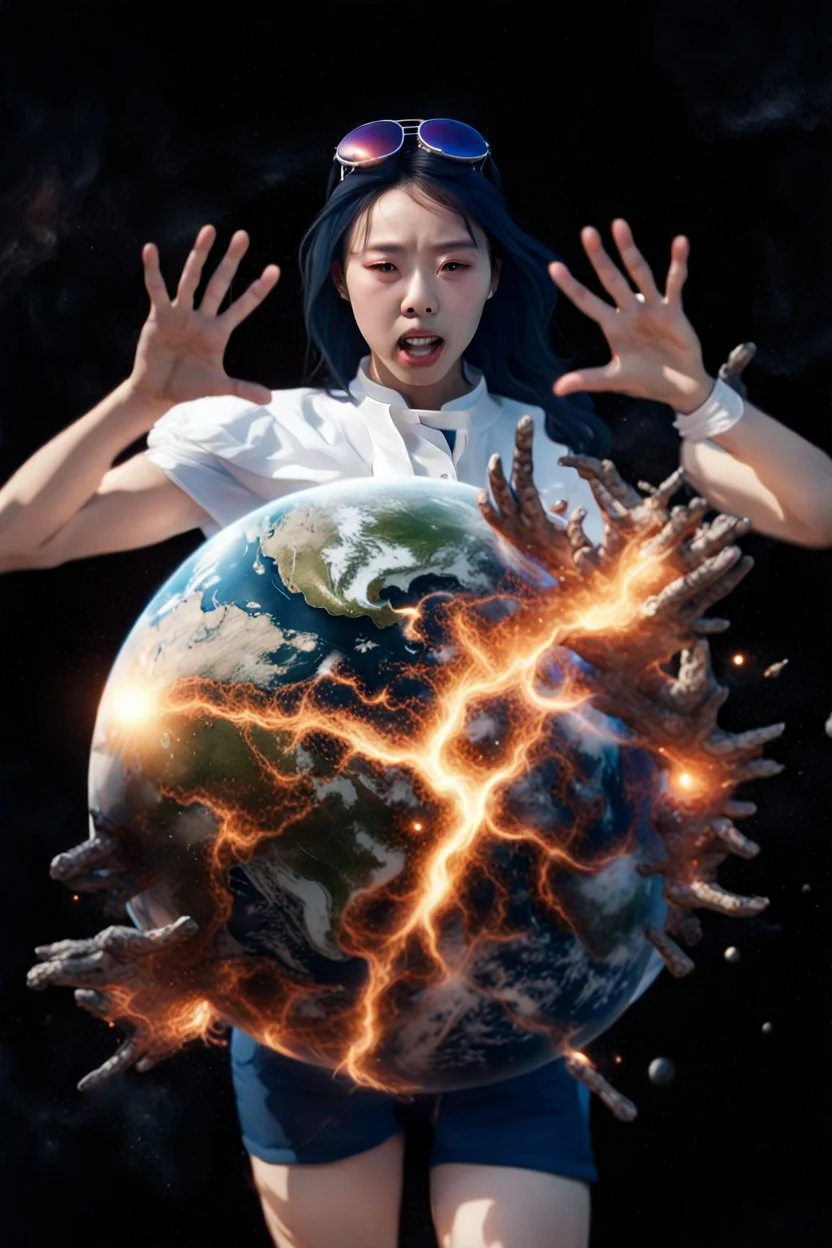 An image of a young Korean woman with a surprised expression, holding her hands up as if she is reacting to a catastrophic event in front of her. Film, cinematic, realistic, extreme depth of field, She is wearing a white blouse with detail, blue shorts, and sunglasses pushed up onto her head. In front of her, there is a highly detailed planet resembling Earth, dramatically cracking and breaking apart with fiery explosions and molten lava visible at the fractures. The background is stars/