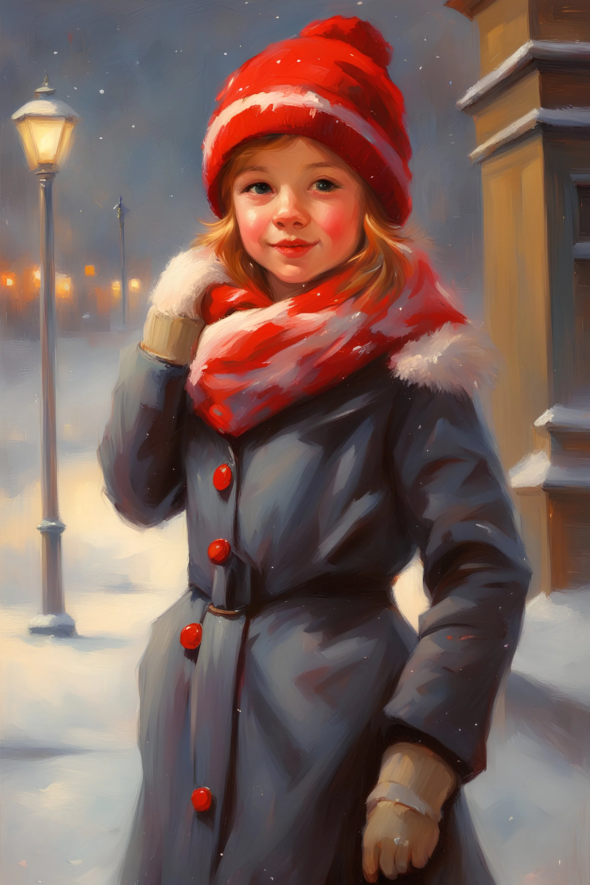 Painting of a cute girl in a red hat and scarf, snowfall in the background, bright night, by Vladimir volegov