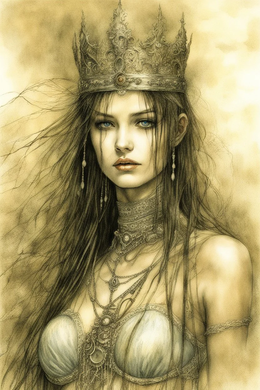 Hyper-photorealistic watercolor art style by Luis Royo, Surreal fine art etching of a figure by Luis Royo, tanned skin inscribed with the transient story of mortality, ethereal light playing with its form whispering tales of an eternal realm, eyes, black as the depths of the night, ardently pinand looking towards the endless skies, a crown of black hair mirroring the mystery of the cosmos around, whole scene tinged with an ethereal softness from volumetric lighting, hues gr, Mysterious