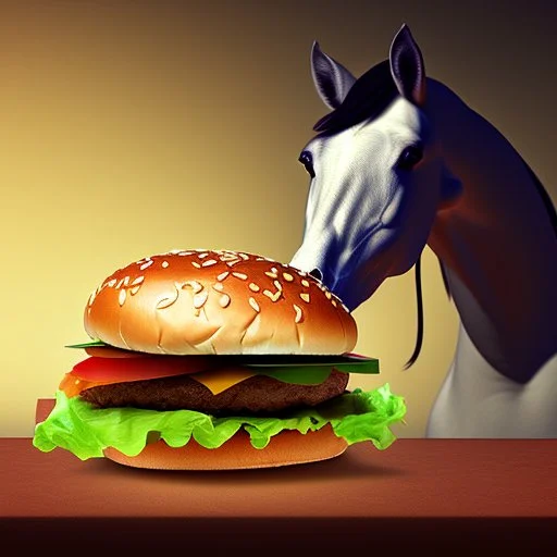 A horse eating a hamburger.