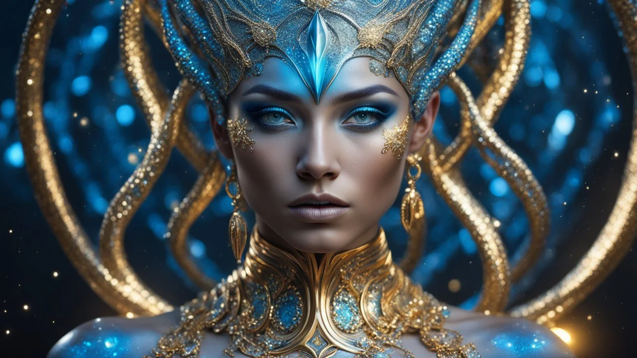 female humanoid, male alien, double exposure, silver skin, slender muscular warrior, tentacles, gold, blue, copper-zinc orichalcum jewelry and piercings, beautiful face, mesmerizing starry eyes, smooth translucent skin, hourglass, glowing, glare, size DD.