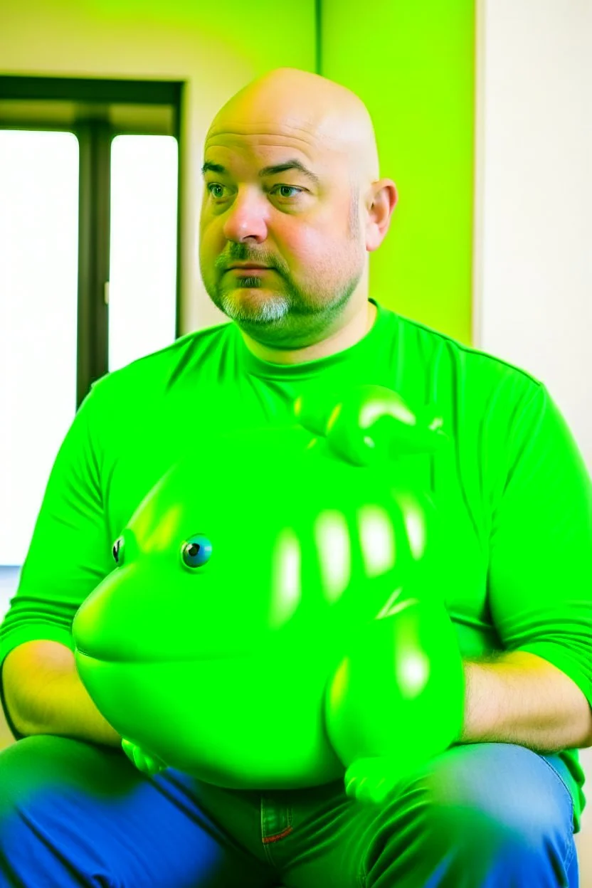 bald man with inflatable green frog