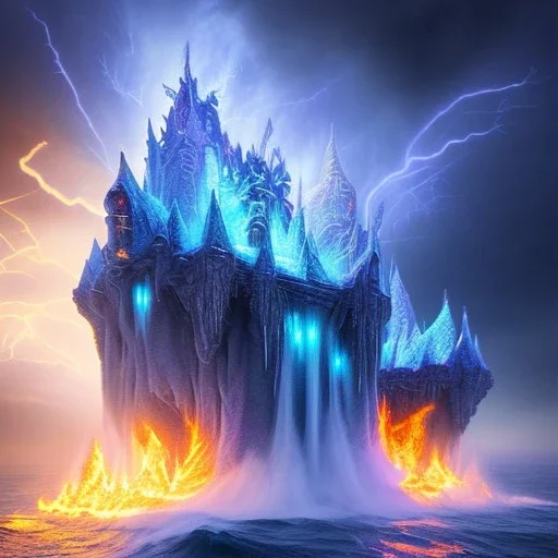 dragon flying over exploding ice castle, blue storm clouds and burning lightening