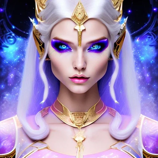 cosmic mage, elf, female, battle mage, epic, cosmic magic, long ears, white hair, face details, pale skin, detailed eyes, jewellery, broad shoulders, glowing eyes, sharp ears, cosmic clothes, bright eyes, cosmic eyes, ears between hair