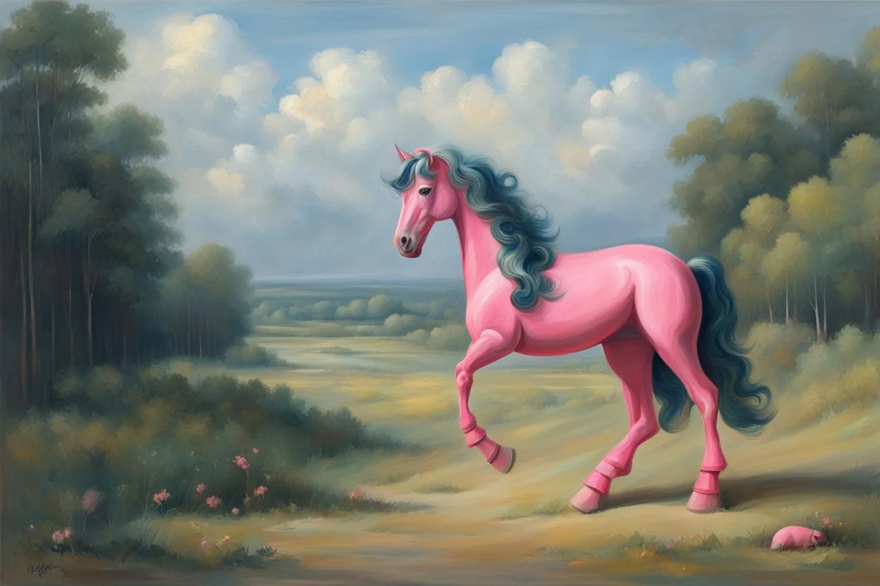 Big pink plastic toy horse.19th painting