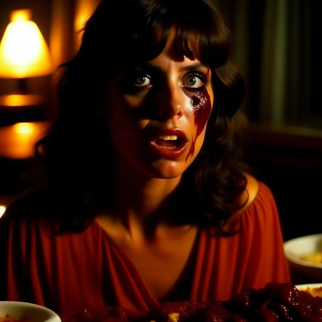 Horror movie shot, demon, hot spooky, stunning, dining, meat, ultra realistic, really eerie, stunning, huge, ultra hypnotic, obsessive, hyperrealistic hot skinny woman, pieces of meat, Dario Argento, Stanley Kubrik, 1980's, ornate, 4k, photorealism, splatter horror, graphic, details of the skin extremely accentuated