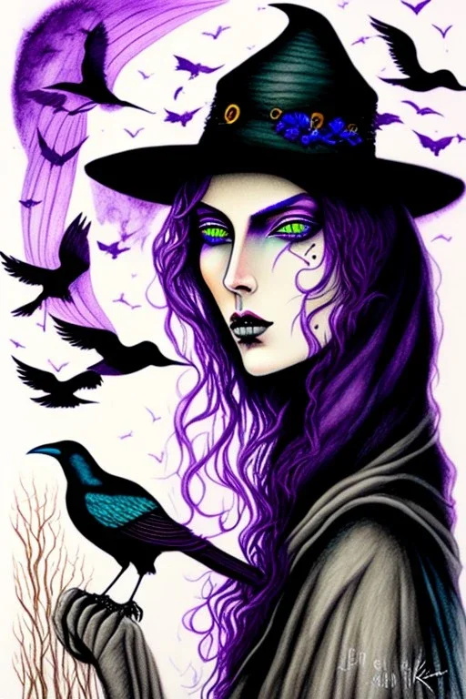 Witch, playing with crows, perfect iris, ink and pencil, pastel colours, style Elizabeth Kreitz