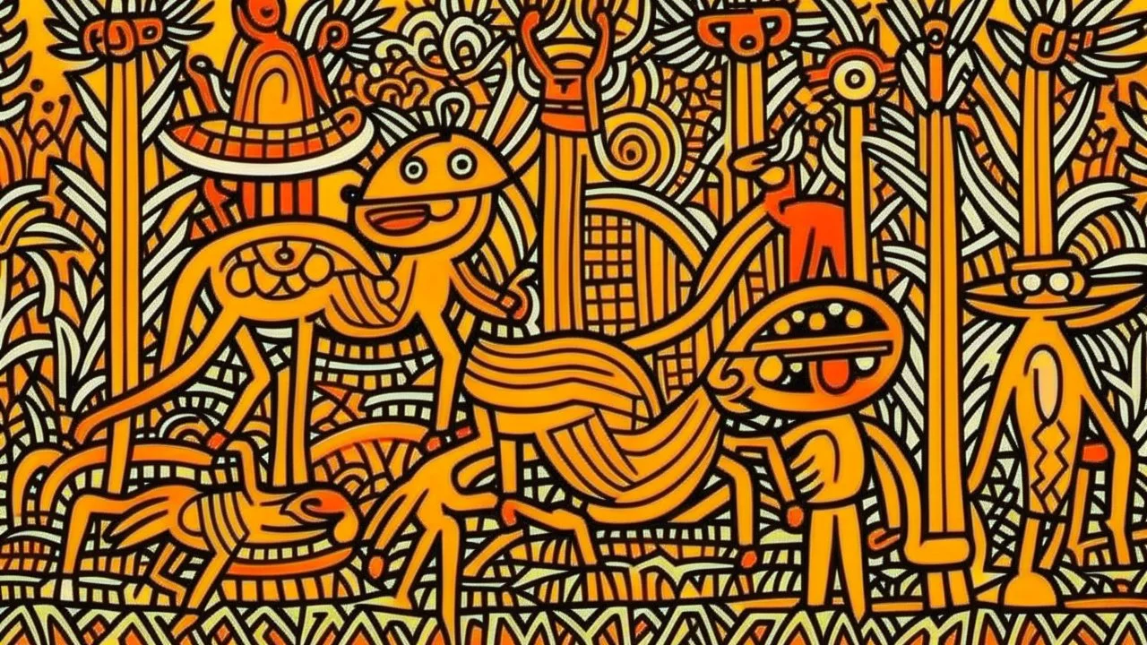 A light orange colored savanna with animals designed in ancient Egyptian architectures and sculptures painted by Keith Haring