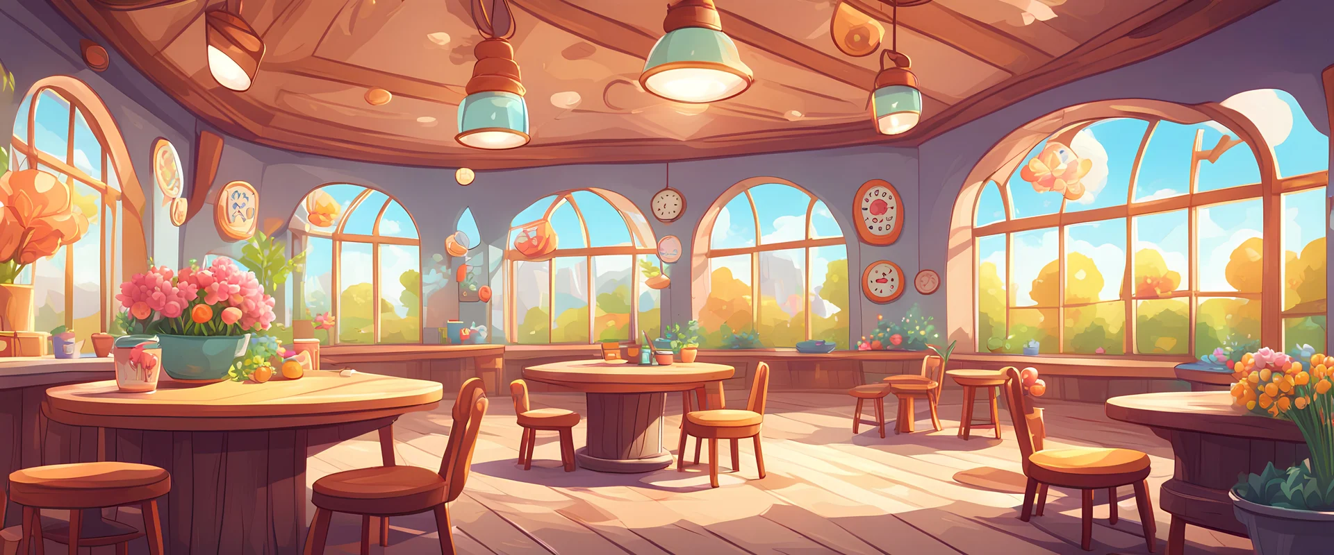 Background: detailed wholesome Bingo hall interior landscape, cozy wooden tables, chairs, 3D rounded shaded vector cartoon asset, mobile game cartoon stylized, crisp linework, clean Details: sunny day, windows, spring flowers in pots and vases Camera: frontal angle, 45° downward, 35 mm. Lighting: high noon sun, LED lights. cartoon style