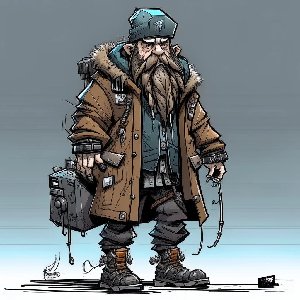 streetpunk vandal cyperpunk dwarf with cybernetic legs, dressed with a coat and beanie