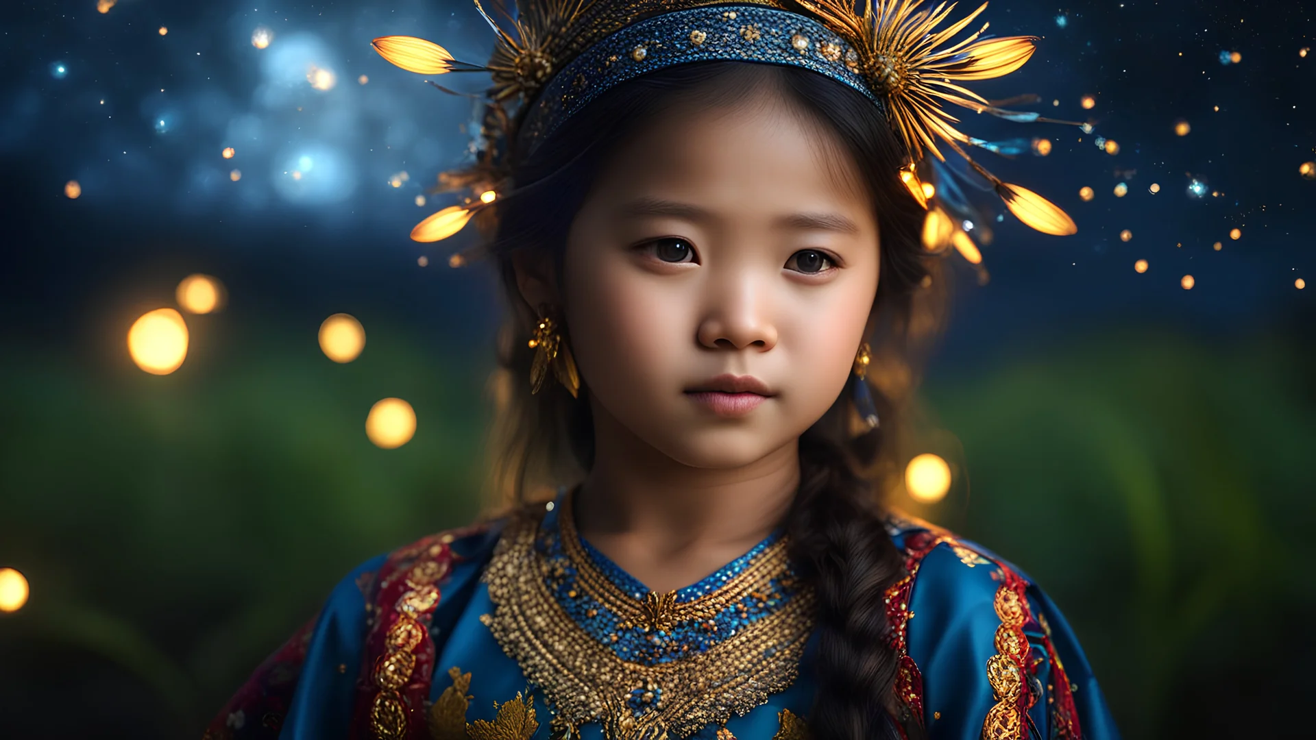 little young Sarawak Kelabit Christian girl, peaceful, gentle, calm, wise, traditional Kelabit costume, perfect eyes, exquisite composition, night scene, fireflies, stars, beautiful intricate insanely detailed octane render, trending on artstation, 8k artistic photography, photorealistic concept art, soft natural volumetric cinematic perfect light, chiaroscuro, award-winning photograph, masterpiece, raphael, caravaggio, William-Adolphe Bouguereau, alma-tadema