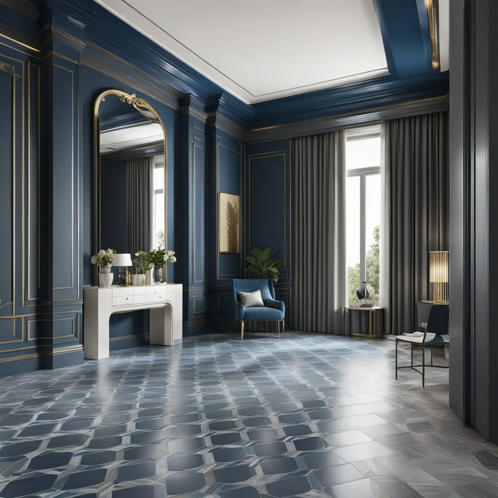 luxury hall ,tiled blue and gray large floor,