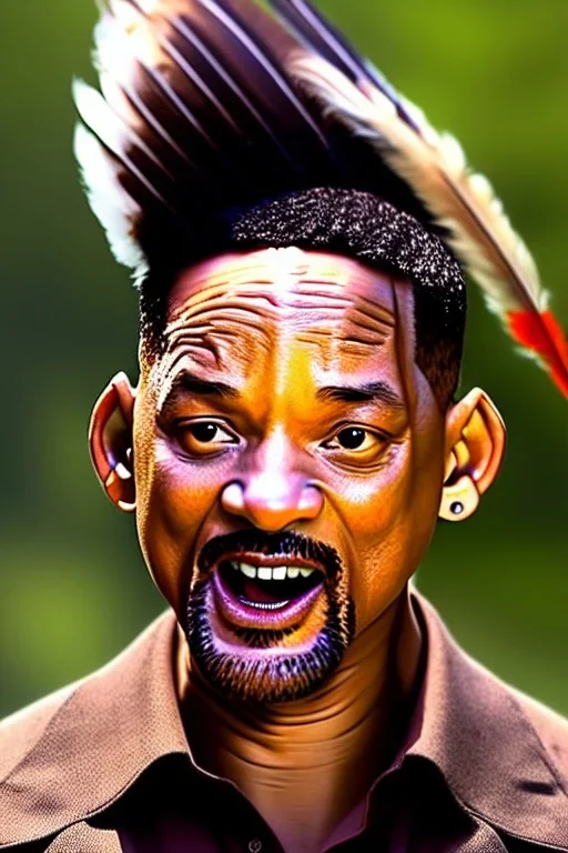 ein perfektes bild von will smith als indianer,kopf portrait,realistic, steinzeit, perfect face, sharp focus, woods, kostüm, häuptling, federn,8k quality