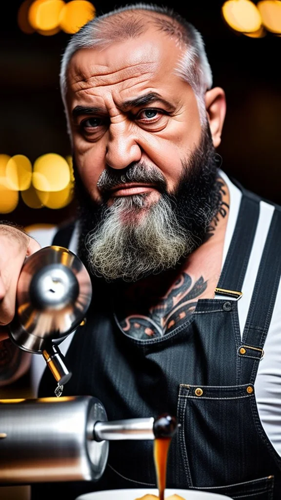 full figure photography of a turkish barman serving coffee, 62 years old, strong chubby man , bearded, in vest, shaved hairs, tattoo, serious eyes, photorealistic, Canon EOS, hyper-realistic, very detailed, emotive eyes, natural colours, sunlight