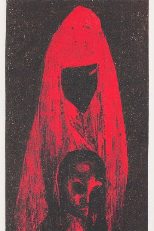 Line drawing, bright red ink on black paper, lady, facing forward, kneeling in an alleyway, bruised face and arms, torn clothing, hands raised in front of face face for protection, partially shrouded in shadows