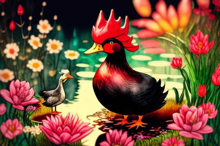 red and black chicken and small chibi duck in a flowergarden with beautiful flowers, pond, in sunshine, H.R. Giger, anime, steampunk, sürreal, watercolor and black in outlines, golden glitter, ethereal, cinematic postprocessing, bokeh, dof