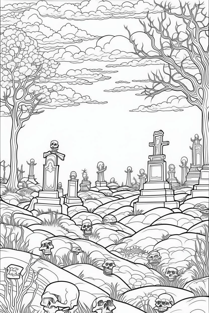 A graveyard with tombstones, skeletons rising from the ground, and eerie mist. Outline, sketch style, only use outline, mandala style, clean line art, white background, no shadows, no clear wall, coloring page.