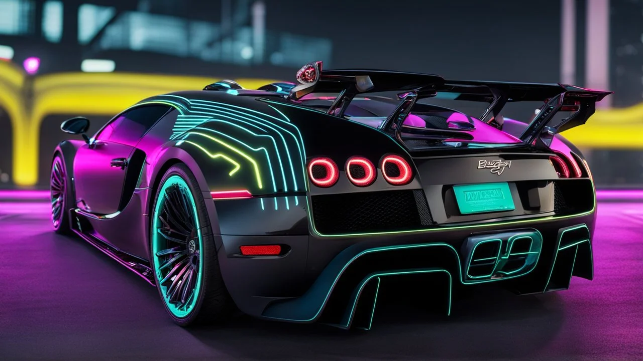 Bugatti Veyron Mansory Cyberpunk 2077 neon Style, Super Detailed, desktop wallpaper, 4K rear view, center