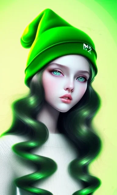 girl, cute, beautiful, long hair, wavy hair, green hair, blue eyes, green beanie, green coat, black tee shirt, green shirts, green tennis shoes