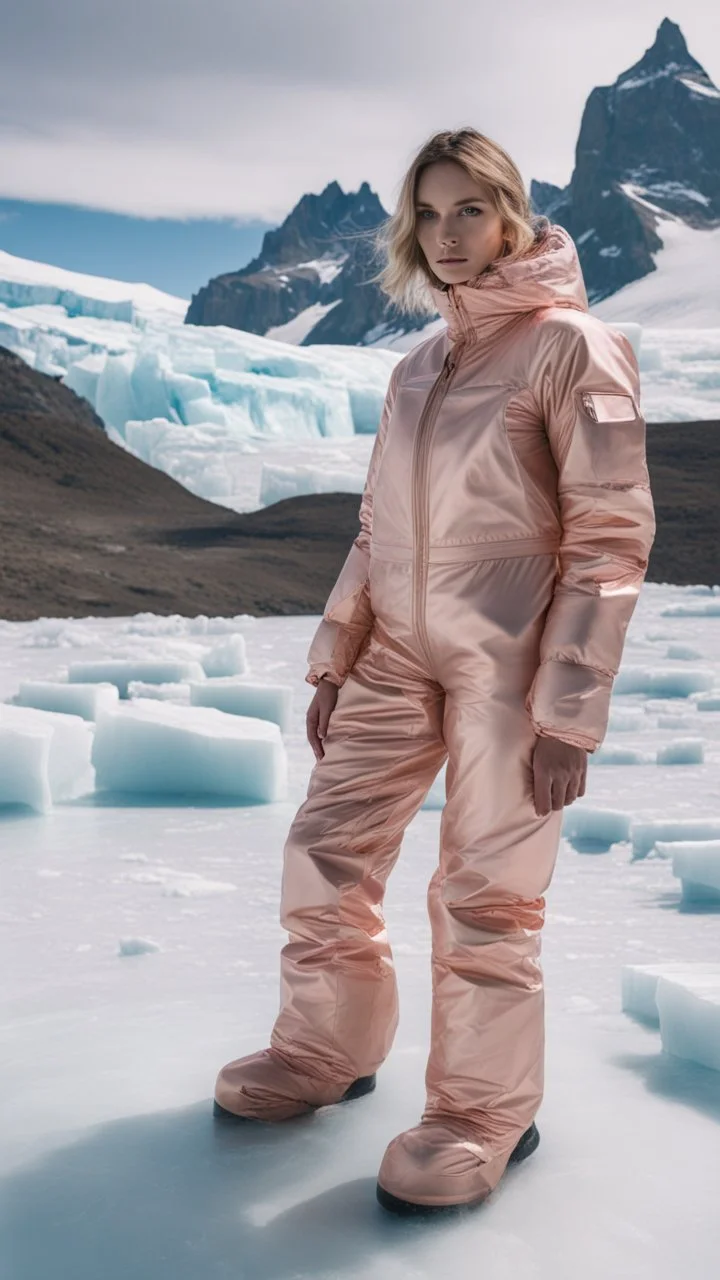 Fashion film in the icefields of Patagonia, a stunning supermodel in an incomplete Astronaut pink bronze suit discover the icefields and giant iceblocks and icebergs using stunning poses we can see her face through the glass . Supreme landscape, inticate background and a minimalist composition that creates a great megalophobia effect. Old lens, old Kodak vision filmstock, 1600 iso.inspired by Ren Hang, design milk,, wanderers traveling from afar, trending on artisation, cloning spell, coat pleat