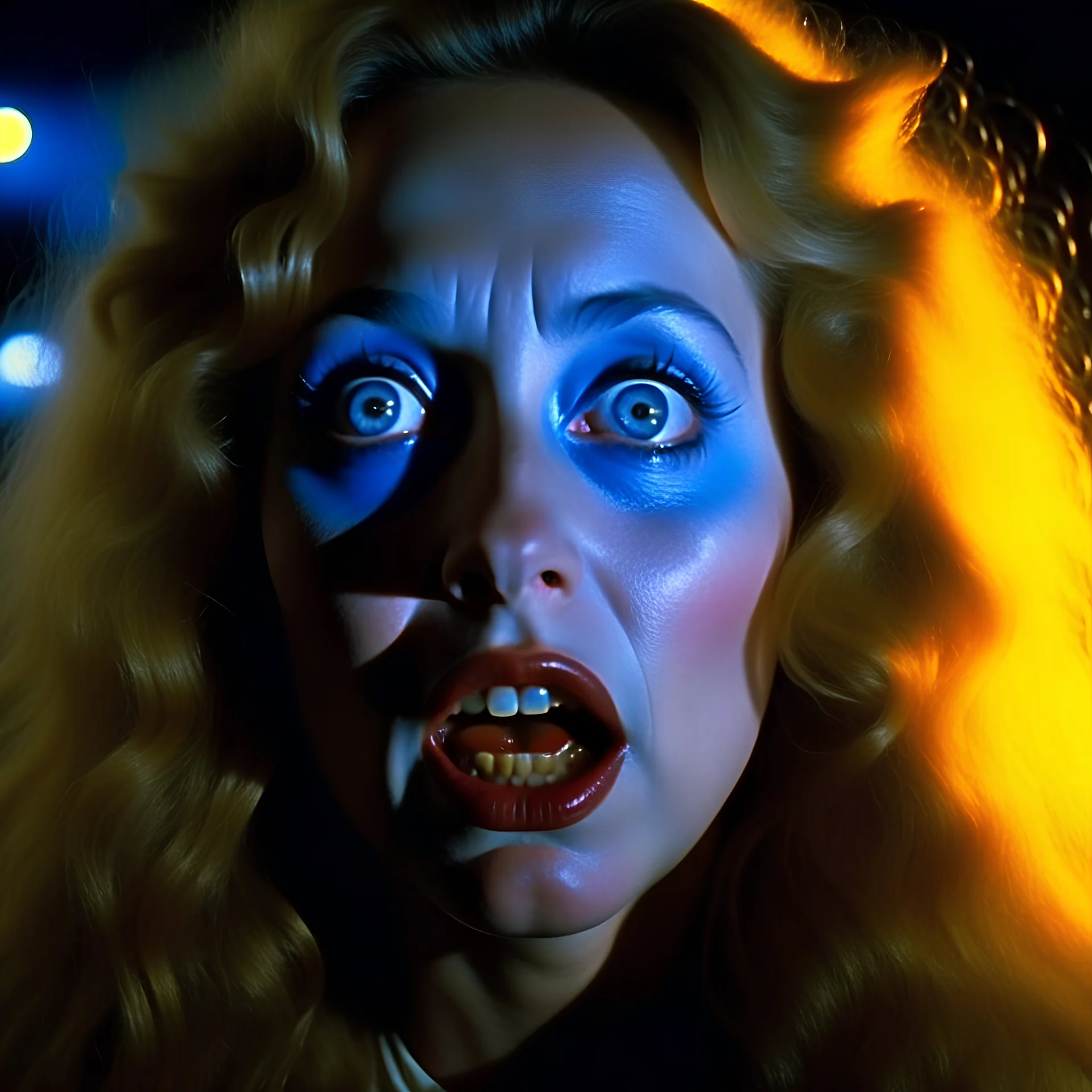 Spooky, ultra realistic distress, dining, ultra realistic hot woman, noses, blue eyes, organic hot blondes, dynamic, anguish, excited and lively scene, hypermaximalist spot, Creepy the Ring Alfred Hitchcock, Sam Raimi, insanely detailed, sinister, John Carpenter, Dario Argento, ornate