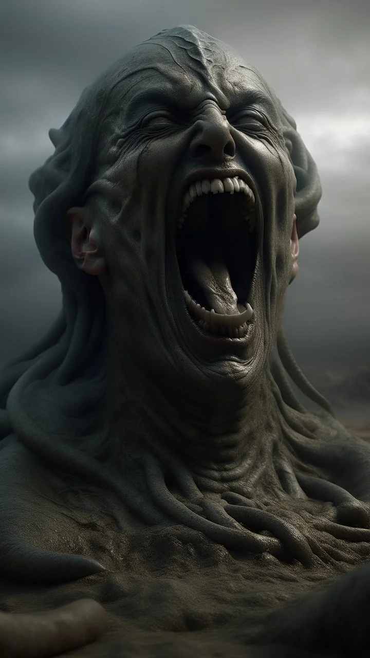 A big statue of a head in the sand huge mouth open and out of it a lot of snakes and spidrs,surrealism of the dark of a nightmare ten miles high and six foot deep, hyper photorealistic, hyper detailed dark art color, high resolution, fog, octane render, tilt shift, HDRI Environment, all pictures dark gray