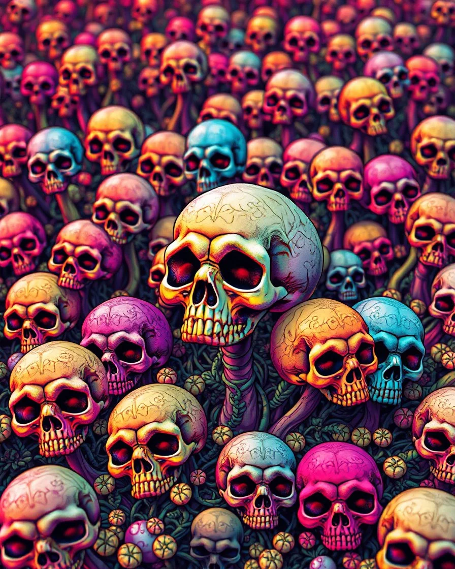 a field of skulls growing from the ground like fungus, multi colored, bright, vivid, psychedelic high detailed, matte, bunches and bubbled up mini skulls and sinew, horrorcore, vines