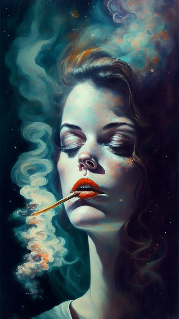 painting of a woman smoking a cigarette, her eyes are halfmoons, her hair is an interstellar nebula,