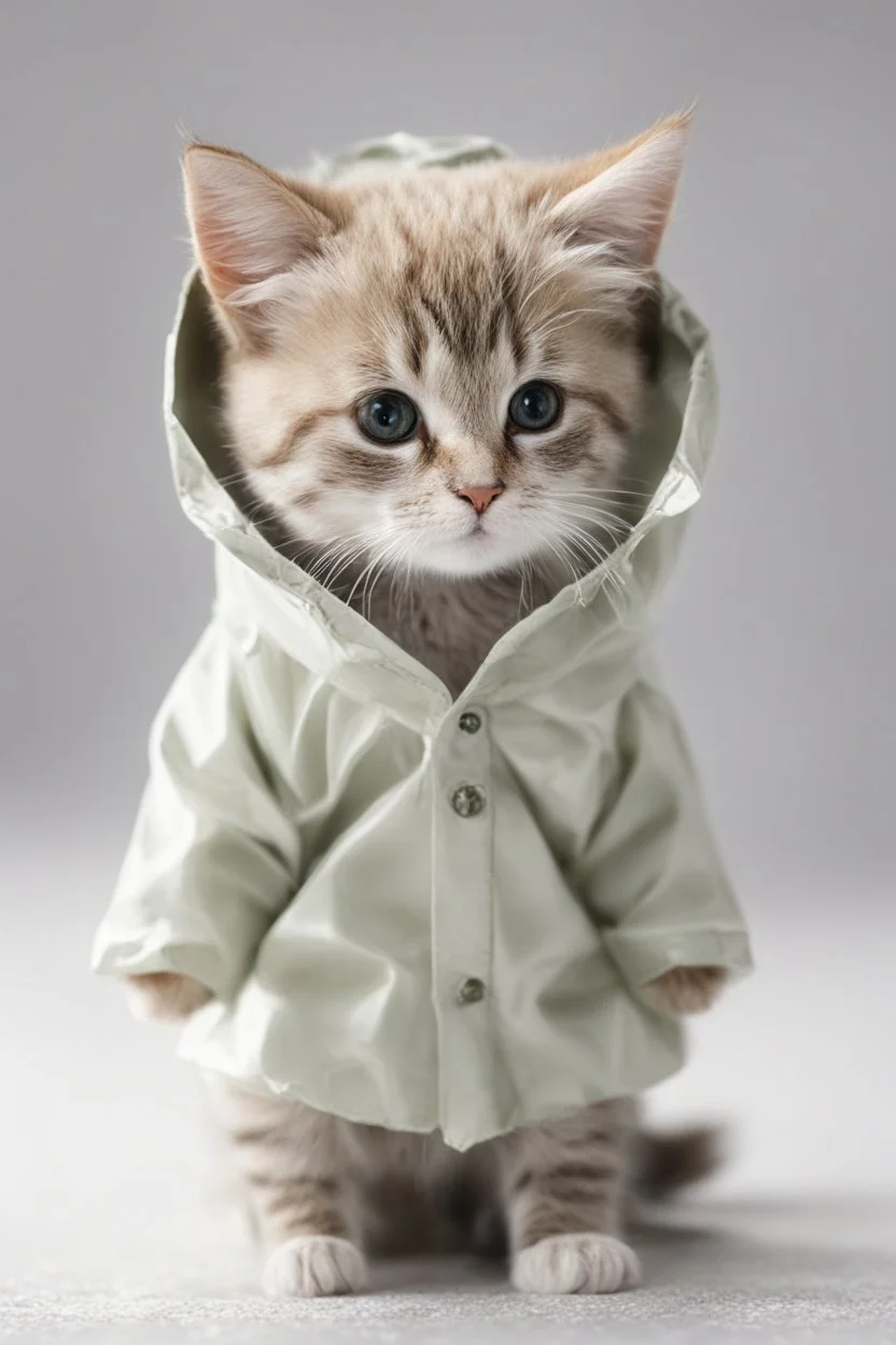 baby cat in raincoat. Chibi, Photograph, Canon DSLR, Tilt - shift, white background, high definition, Complete and coordinated composition, 8k