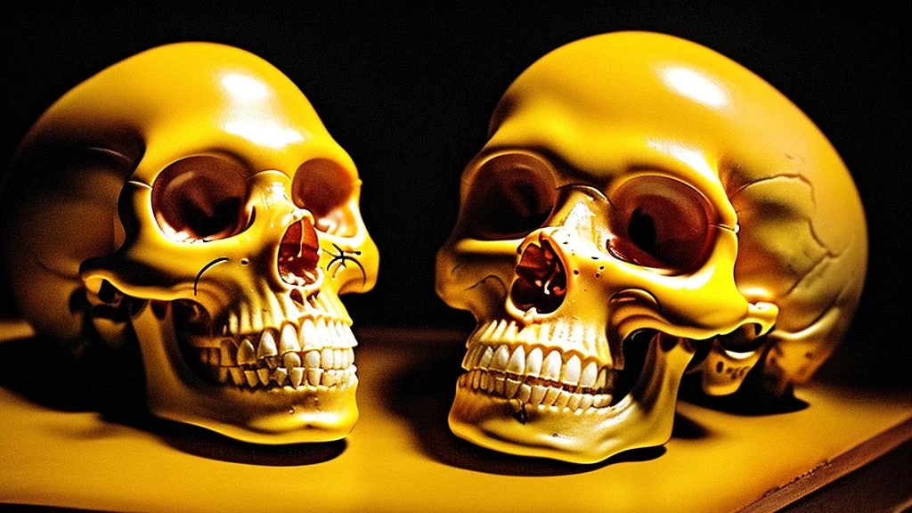 a picture of a dark, comedic, anatomically correct skull of a smiley face, photo realistic, highly detailed, yellow, old, part of a collection of bones on display on a scientists shelving, round, egg shaped eye sockets, darker background, underglass