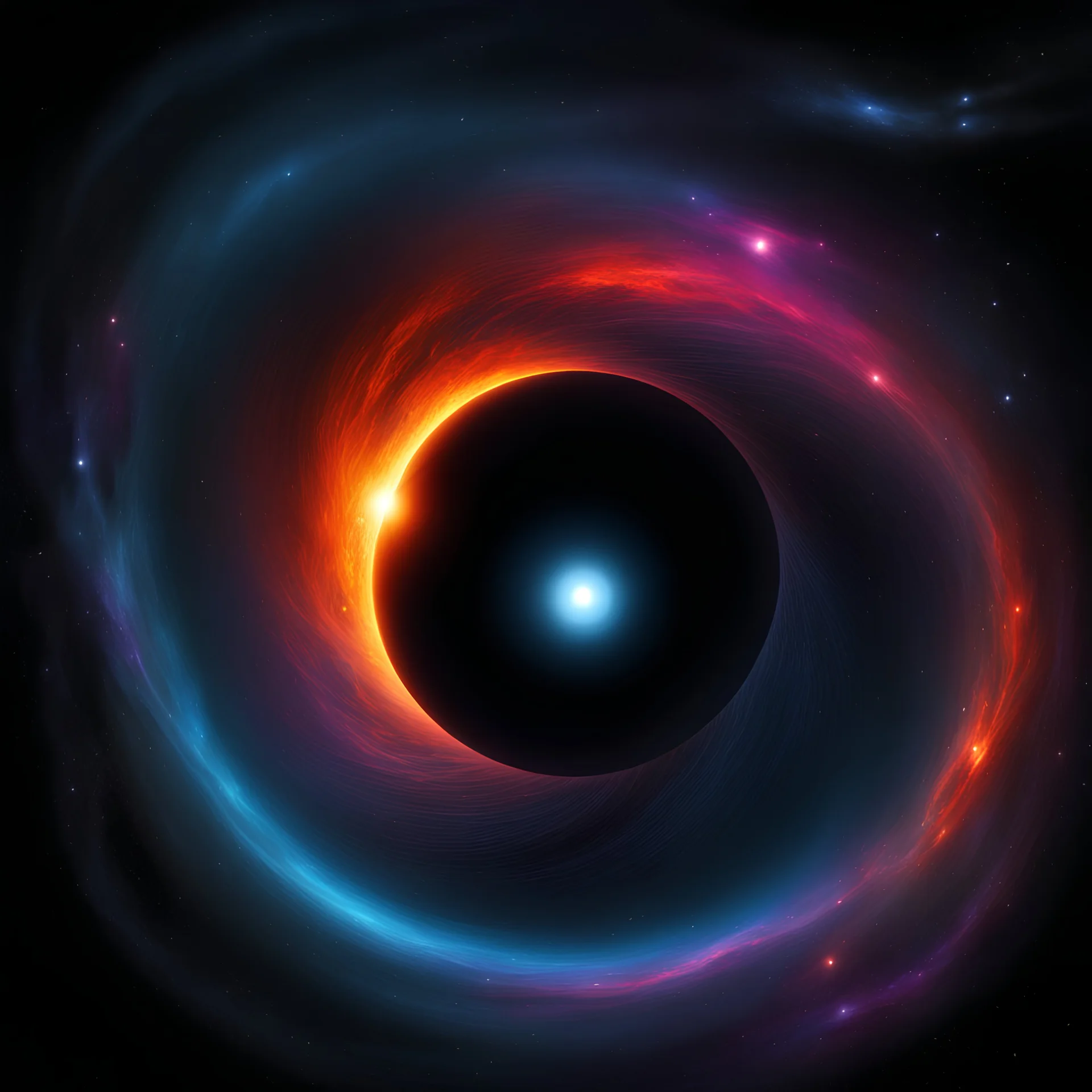 orbiting a black hole from a trillion miles away, peaceful, colorful, dark, ominous, beautiful abyss