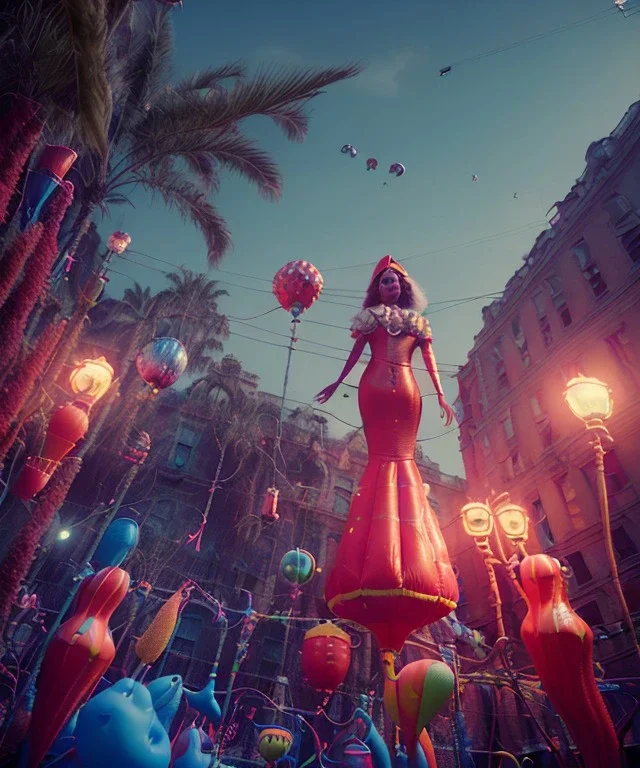 Wes Anderson photographer, Ultra realistic carnival garden night scene, portrait, wide angle view :: carnival woman and sweet inflatable monsters, carnival dress style, feather color, free jumping, soft color, highly detailed, unreal engine 5, ray tracing, RTX, lumen lighting, ultra detail, volumetric lighting, 3d, finely drawn, high definition.