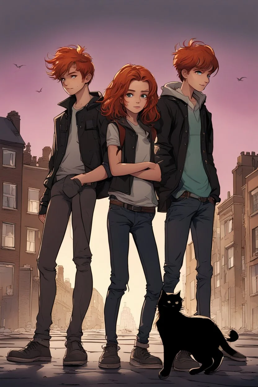 Two teenage brothers with ginger hair plus a teenage punk girl with dark hair are standing in characteristic book cover-style poses. The big black cat walks with them. They are young amateur detectives. The town street in the background, a mysterious atmosphere