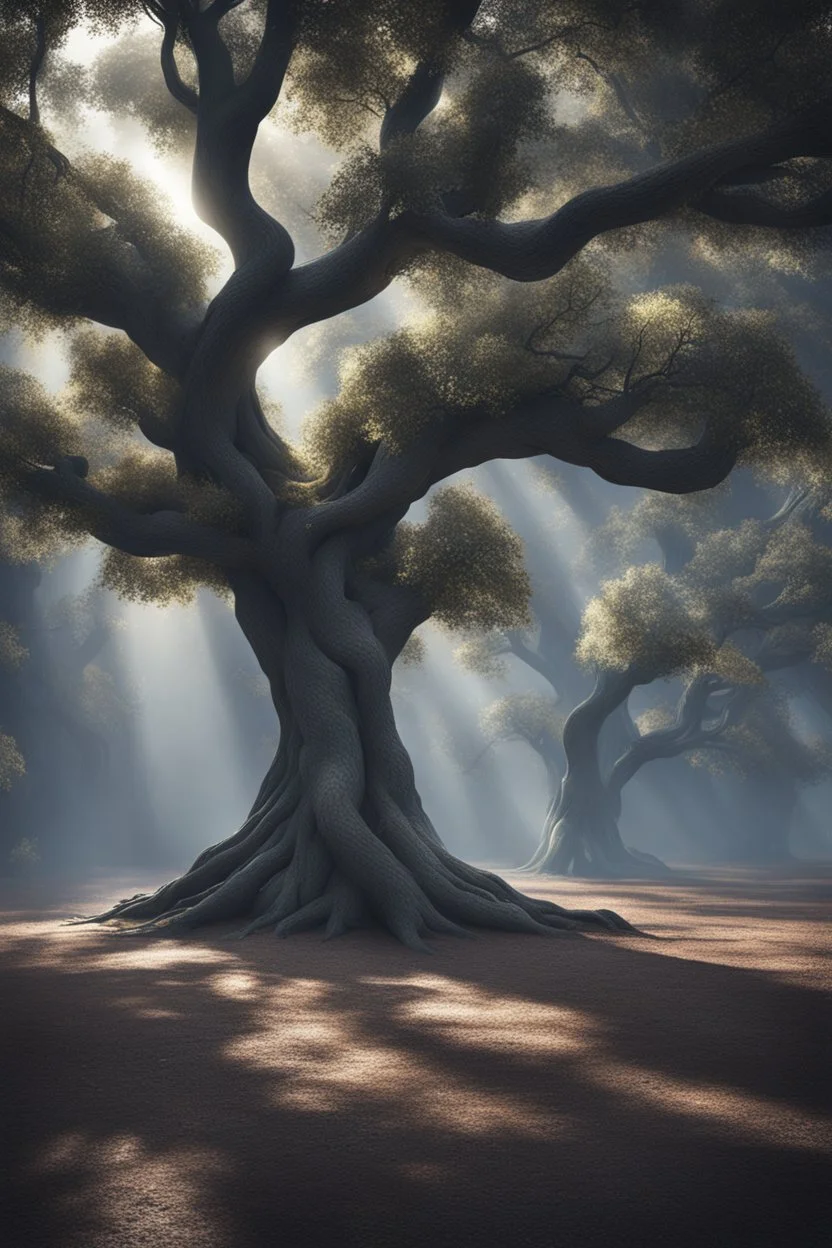 oaks made of silver. fantasy art, Cinematic lighting, Volumetric lighting, Epic composition,