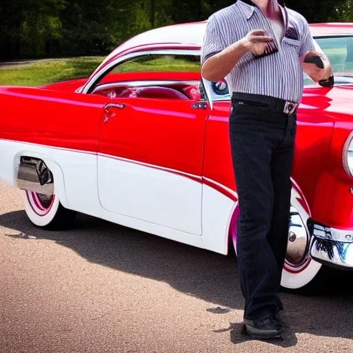 a 50s Greaser BAND standing in front of a hot rod