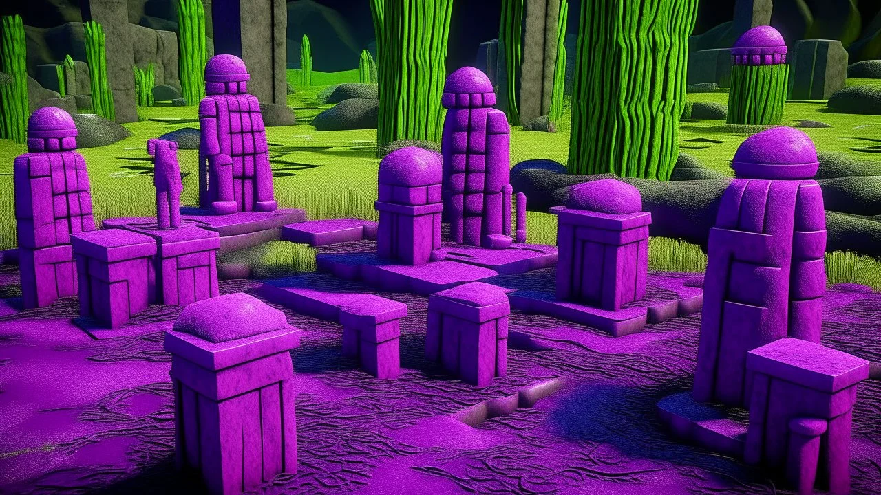 A dark purple facility plant zone with toxic sludge designed in Moai statues painted by Paul Klee