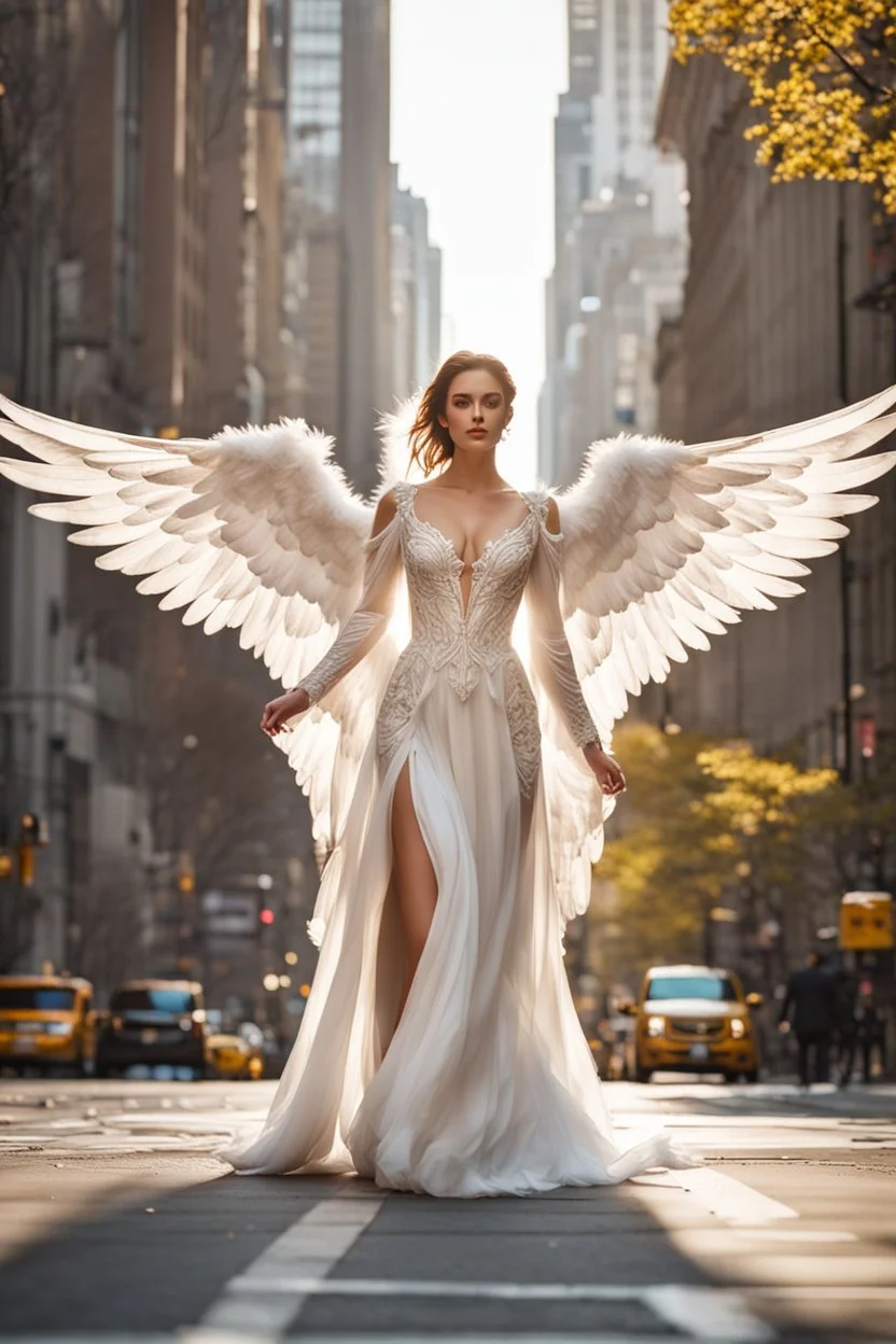 Front view excellent realistic portrait Beautiful Angel straddle wings with covering luxury Victorian dress,walking at new York City street