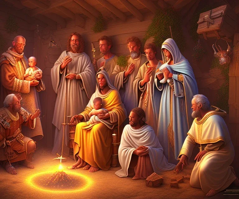 mdjrny-v4 style, the Nativity scene with brown people, detailed, photo realistic, cinematic, by drew struzan